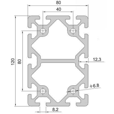Technical drawing of 8080 aluminium extrusion profile cross-section